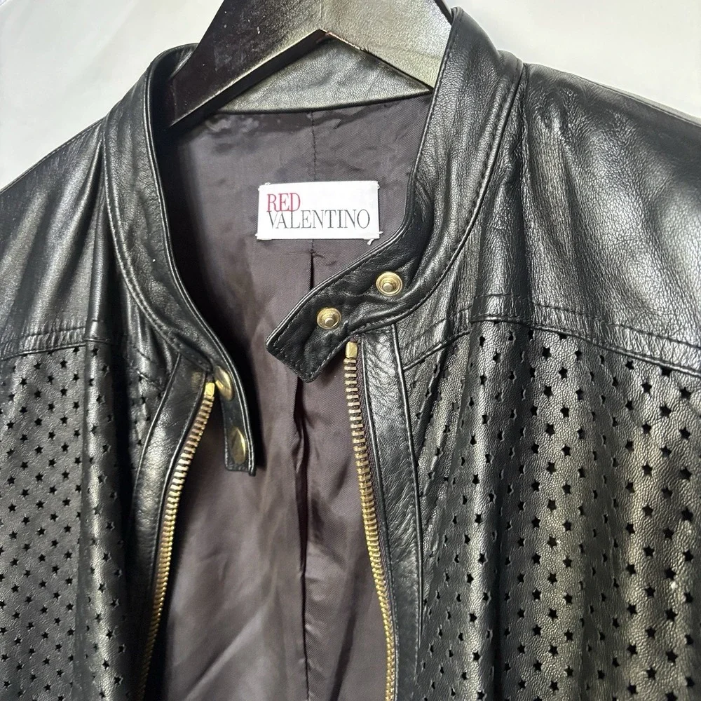 RED VALENTINO GARAVANI Perforated Leather Jacket Biker Blck Sz S-M US 46EU Women
